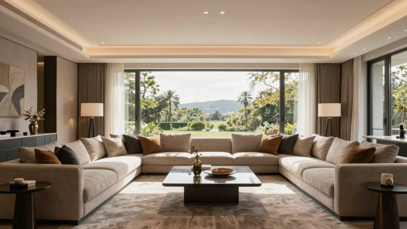 Sunlit luxury living room interior with contemporary furnishings and warm natural window light.