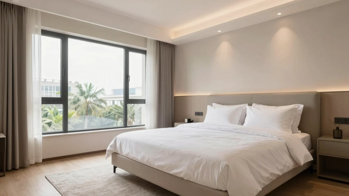 Tailored king bed in a bright modern bedroom with crisp linens and soft ambient lighting.