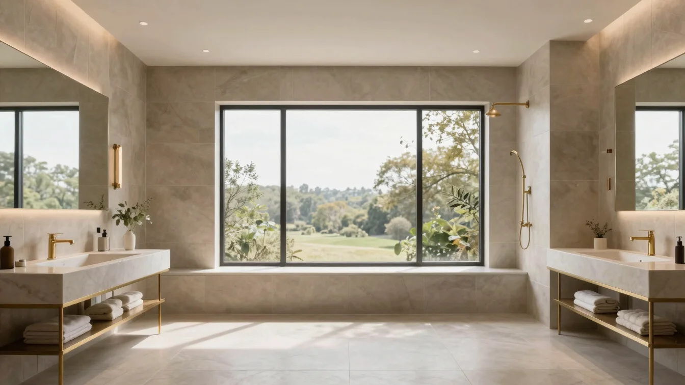 Modern tiled luxury bathroom featuring clean architectural lines and warm brass details.