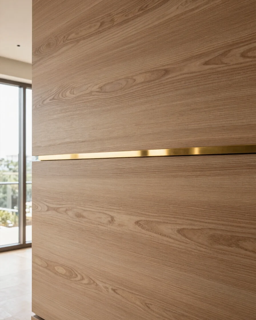 Close-up architectural shot of luxury interior textures, rich oak wood, and subtle brass accents under warm natural ligh