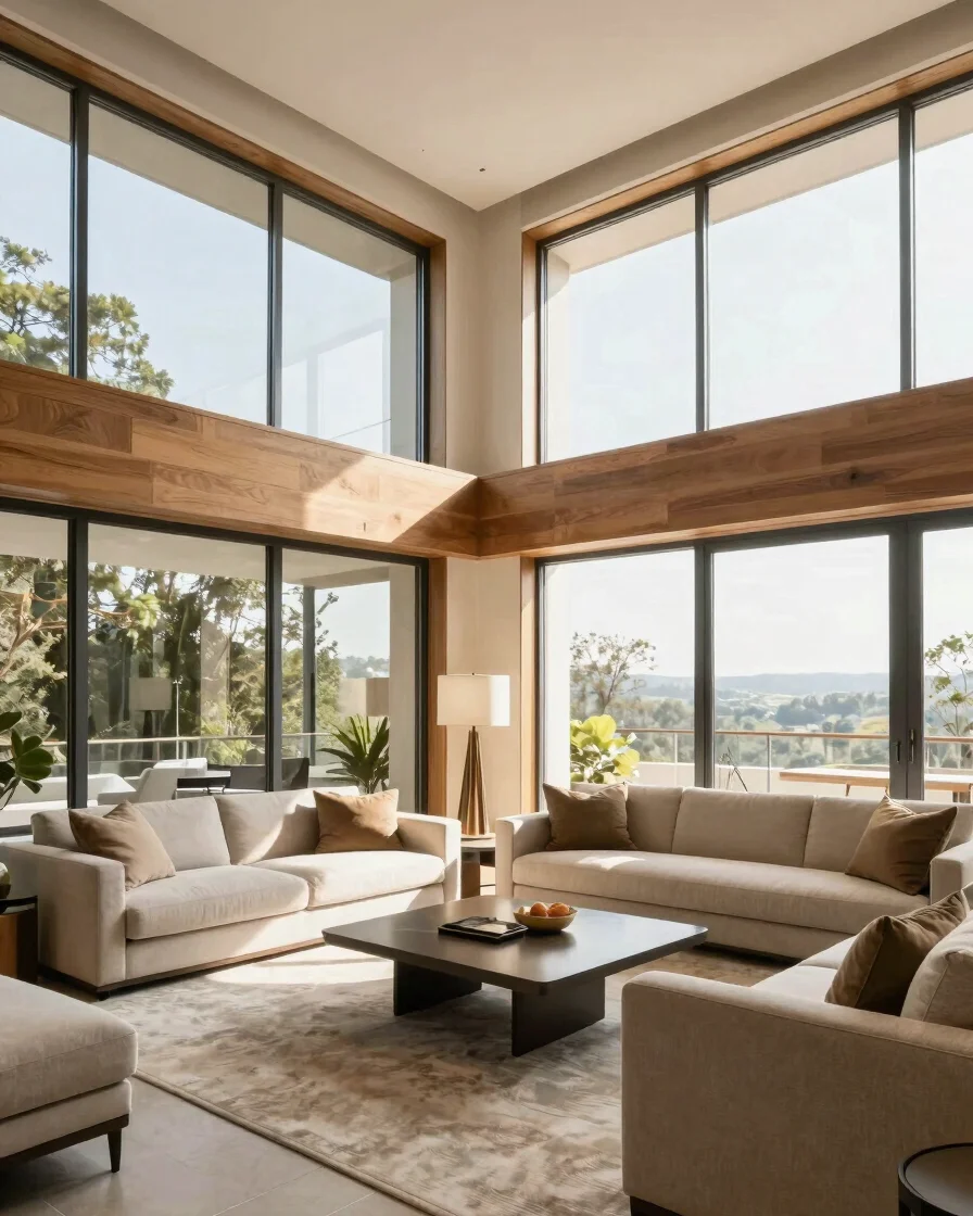 Wide architectural angle of a sunlit luxury apartment living room, warm oak accents, floor-to-ceiling windows with natur