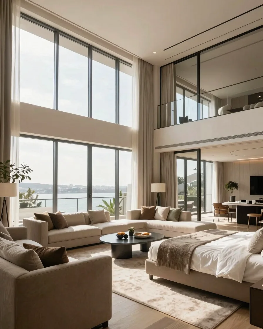 Wide architectural angle of a sunlit luxury penthouse living room